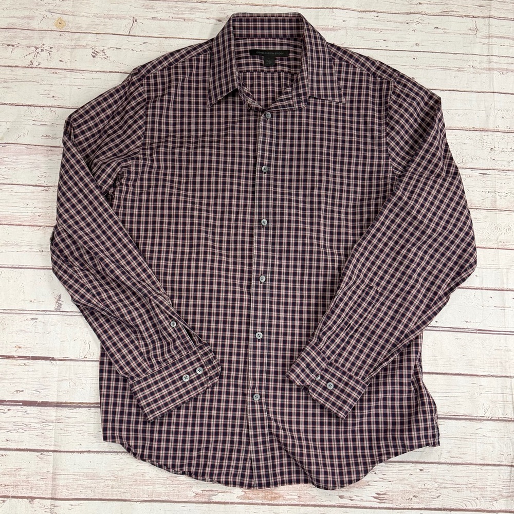 Men’ Red/ Blue Plaid Long Sleeve Button Down Collared Shirt Express L 16-16 1/2